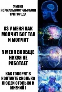 У меня нормальноотработали три города хз у меня как молчит бот так и молчит у меня вообще нихуя не работает как говорят в контакте сколько людей столько и мнений )