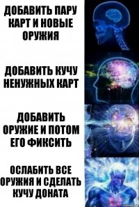 Добавить пару карт и новые оружия Добавить кучу ненужных карт добавить оружие и потом его фиксить ОСЛАБИТЬ ВСЕ ОРУЖИЯ И СДЕЛАТЬ КУЧУ ДОНАТА