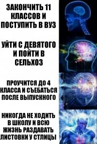 закончить 11 классов и поступить в вуз УЙТИ С ДЕВЯТОГО И ПОЙТИ В СЕЛЬХОЗ ПРОУЧИТСЯ ДО 4 КЛАССА И СЪЕБАТЬСЯ ПОСЛЕ ВЫПУСКНОГО НИКОГДА НЕ ХОДИТЬ В ШКОЛУ И ВСЮ ЖИЗНЬ РАЗДАВАТЬ ЛИСТОВКИ У СТЛИЦЫ