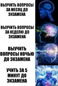 Выучить вопросы за месяц до экзамена Выучить вопросы за неделю до экзамена Выучить вопросы ночью до экзамена Учить за 5 минут до экзамена