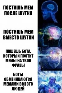 постишь мем после шутки постишь мем вместо шутки пишешь бота, который постит мемы на твои фразы боты обмениваются мемами вместо людей