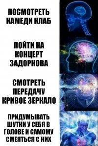 посмотреть камеди клаб пойти на концерт задорнова смотреть передачу кривое зеркало придумывать шутки у себя в голове и самому смеяться с них