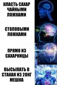 Класть сахар чайными ложками Столовыми ложками Прямо из сахарницы Высыпать в стакан из 20кг мешка