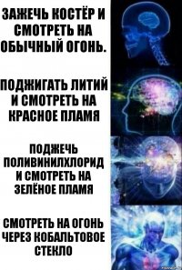 Зажечь костёр и смотреть на обычный огонь. Поджигать литий и смотреть на красное пламя Поджечь поливинилхлорид и смотреть на зелёное пламя Смотреть на огонь через кобальтовое стекло