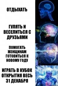 Отдыхать Гулять и веселиться с друзьями Помогать женщинам готовиться к Новому Году Играть в Кубок Открытия весь 31 декабря