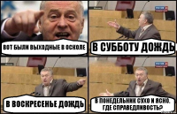 ВОТ БЫЛИ ВЫХОДНЫЕ В ОСКОЛЕ В СУББОТУ ДОЖДЬ В ВОСКРЕСЕНЬЕ ДОЖДЬ В ПОНЕДЕЛЬНИК СУХО И ЯСНО. ГДЕ СПРАВЕДЛИВОСТЬ?