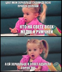 Цвет мой зеркальце скажи да всю правду доложи Кто на свете всех мелее и румчней  А ей зеркальце в ответ одурела сорок лет