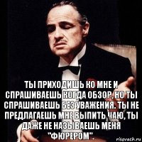 Ты приходишь ко мне и спрашиваешь когда обзор, но ты спрашиваешь без уважения. Ты не предлагаешь мне выпить чаю, ты даже не называешь меня "Фюрером".