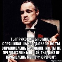 Ты приходишь ко мне и спрашиваешь когда обзор, но ты спрашиваешь без уважения. Ты не предлагаешь мне чай, ты даже не называешь меня "Фюрером".