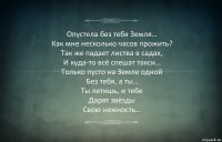 Опустела без тебя Земля…
Как мне несколько часов прожить?
Так же падает листва в садах,
И куда-то всё спешат такси…
Только пусто на Земле одной
Без тебя, а ты…
Ты летишь, и тебе
Дарят звёзды
Свою нежность…