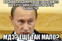 владимир владимирович что вы скажете на то что 20млн человек за чертой бедности? мдэ? ещё так мало?