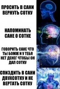 Просить в сани вернуть сотку Напоминать сане о сотке Говорить сане что ты бомж и у тебя нет денег чтобы он дал сотку Спиздить в сани двухсотку и не вертать сотку