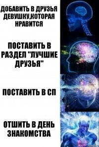 Добавить в друзья девушку,которая нравится Поставить в раздел "лучшие друзья" Поставить в сп Отшить в день знакомства