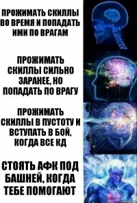 Прожимать скиллы во время и попадать ими по врагам Прожимать скиллы сильно заранее, но попадать по врагу Прожимать скиллы в пустоту и вступать в бой, когда все кд Стоять афк под башней, когда тебе помогают