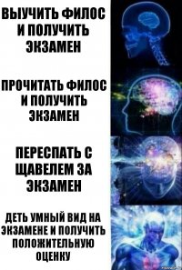 Выучить филос и получить экзамен Прочитать филос и получить экзамен Переспать с Щавелем за экзамен деть умный вид на экзамене и получить положительную оценку