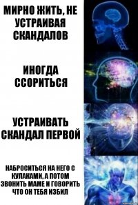 Мирно жить, не устраивая скандалов Иногда ссориться Устраивать скандал первой Наброситься на него с кулаками, а потом звонить маме и говорить что он тебя избил