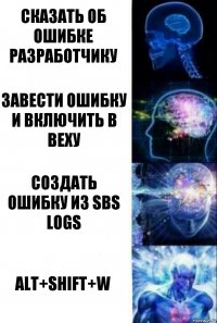 Сказать об ошибке разработчику Завести ошибку и включить в веху Создать ошибку из sbs logs Alt+Shift+W