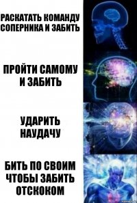 Раскатать команду соперника и забить Пройти самому и забить Ударить наудачу Бить по своим чтобы забить отскоком