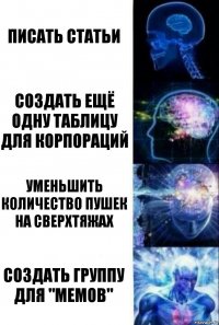 Писать статьи Создать ещё одну таблицу для корпораций Уменьшить количество пушек на сверхтяжах создать группу для "мемов"