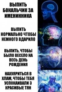 Выпить бокальчик за именинника Выпить нормально чтобы немного вдарило Выпить, чтобы было весело на весь день рождения Нахуяриться в хлам, чтобы тебя успокаивали 3 красивые тян