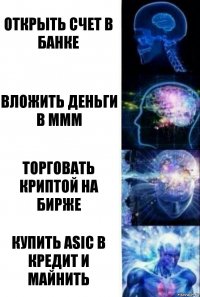 Открыть счет в банке Вложить деньги в МММ торговать криптой на бирже Купить ASIC в кредит и майнить