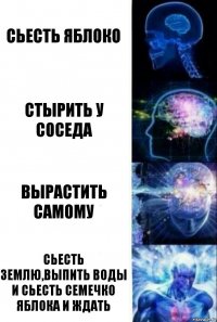 Сьесть яблоко Стырить у соседа Вырастить самому Сьесть землю,выпить воды и сьесть семечко яблока и ждать