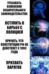 Требовать изменения избирательного законодательства Вступить в борьбу с полицией Кричать, что конституция РФ не действует с 1993 года Призвать варягов