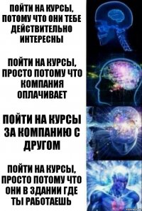 Пойти на курсы, потому что они тебе действительно интересны Пойти на курсы, просто потому что компания оплачивает Пойти на курсы за компанию с другом Пойти на курсы, просто потому что они в здании где ты работаешь