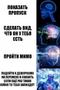 Показать пропуск Сделать вид, что он у тебя есть пройти мимо Подойти к дежурному на перемене и сказать если ещё раз такая хуйня то тебя запиздят