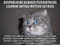 respublikinė vilniaus psichiatrijos ligoninė antras moteru skyrius психиатр евгения жестоко издевается над животными. вырывает кусачками усики кошочкам. в уши заталкивает иголки. за хвосты подвешаные трупы животных вдоль стен весят в ее кабинете на парко.