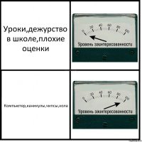 Уроки,дежурство в школе,плохие оценки Компьютер,каникулы,чипсы,кола