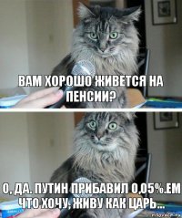 ВАМ ХОРОШО ЖИВЕТСЯ НА ПЕНСИИ? О, ДА. ПУТИН ПРИБАВИЛ 0,05%.ЕМ ЧТО ХОЧУ, ЖИВУ КАК ЦАРЬ...