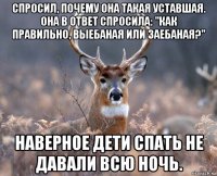 спросил, почему она такая уставшая. она в ответ спросила: "как правильно, выебаная или заебаная?" наверное дети спать не давали всю ночь.