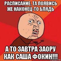 расписание, та появись же наконец-то блядь а то завтра заору как саша фокин!!!