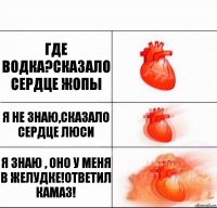 где водка?сказало сердце жопы я не знаю,сказало сердце люси я знаю , оно у меня в желудке!ответил камаз!