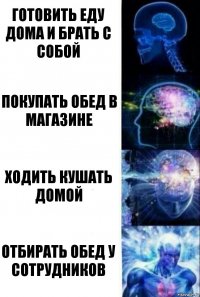 Готовить еду дома и брать с собой Покупать обед в магазине Ходить кушать домой Отбирать обед у сотрудников