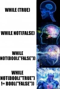 while (True) while not(False) while not(bool("False")) while not(bool("True") != bool("False"))