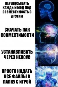 Переписывать каждый мод под совместимость с другим Скачать пак совместимости Устанавливать через нексус Просто кидать все файлы в папку с игрой