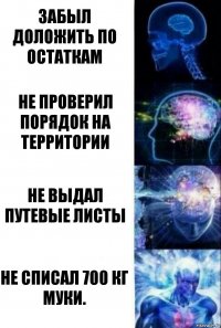 забыл доложить по остаткам не проверил порядок на территории не выдал путевые листы не списал 700 кг муки.