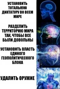 Установить тотальную диктатуру во всем мире Разделить территорию мира так, чтобы все были довольны Установить власть единого геополитического блока Удалить оружие