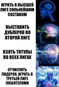 Играть в высшей лиге сильнейшим составом выставить дублеров во второй лиге взять титулы во всех лигах отчислить лидеров, играть в третьей лиге любителями