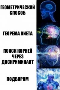 Геометрический способ Теорема Виета Поиск корней через дискриминант Подбором