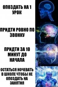 Опоздать на 1 урок Придти ровно по звонку Придти за 10 минут до начала Остаться ночевать в школе чтобы не опоздать на занятия