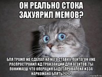 он реально стока захуярил мемов? бля трамп же сделал на него ставку, пентагон уже распространил ид транзакций для агентов, ты понимаеш что операция будет провалена изза наркомана блять?!?!?