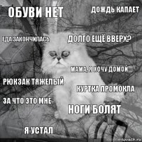 Обуви нет Куртка промокла Долго ещё вверх? Я устал Рюкзак тяжелый Дождь капает Ноги болят Еда закончилась За что это мне Мама, я хочу домой