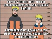 наруто (2 сезон):"тигр" теневое клонирование!!! ээээ бля ты зачем вылез!!! наруто (1 сезон) ты даун!? ты сам меня позвал! наруто (2 сезон): гони меня не мелкого!!!!