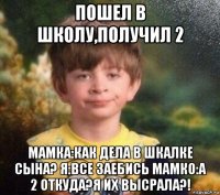 пошел в школу,получил 2 мамка:как дела в шкалке сына? я:все заебись мамко:а 2 откуда?я их высрала?!