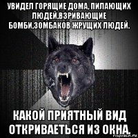 увидел горящие дома, пилающих людей,взривающие бомби,зомбаков жрущих людей. какой приятный вид откриваеться из окна.