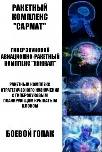 Ракетный комплекс "Сармат" Гиперзвуковой авиационно-ракетный комплекс "Кинжал" Ракетный комплекс стратегического назначения с гиперзвуковым планирующим крылатым блоком Боевой гопак