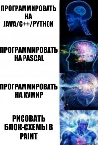 Программировать на java/c++/python Программировать на pascal Программировать на КуМир Рисовать блок-схемы в paint